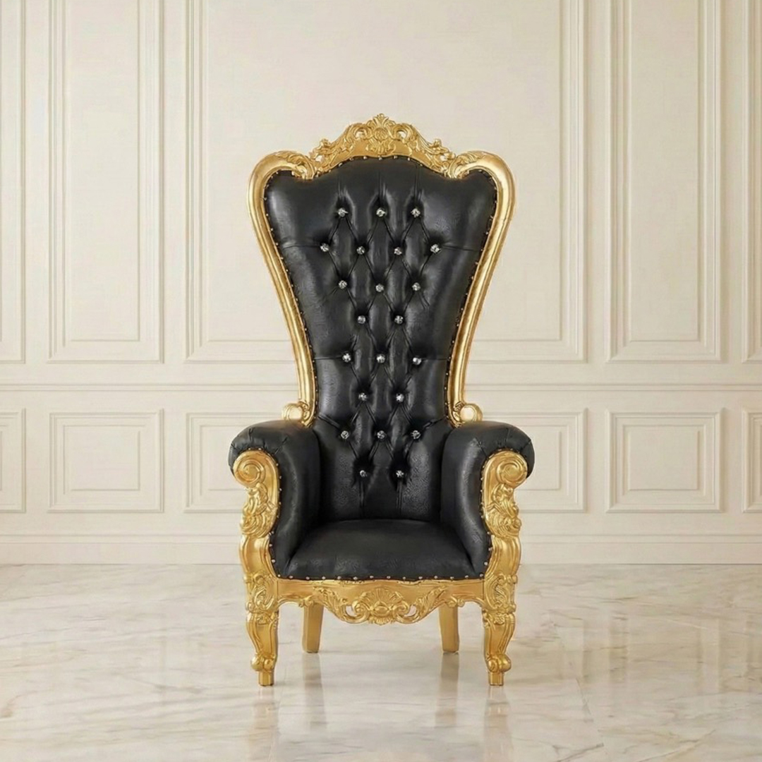 Black Throne Chair Rental for weddings, birthdays, and special celebrations with gold carved accents