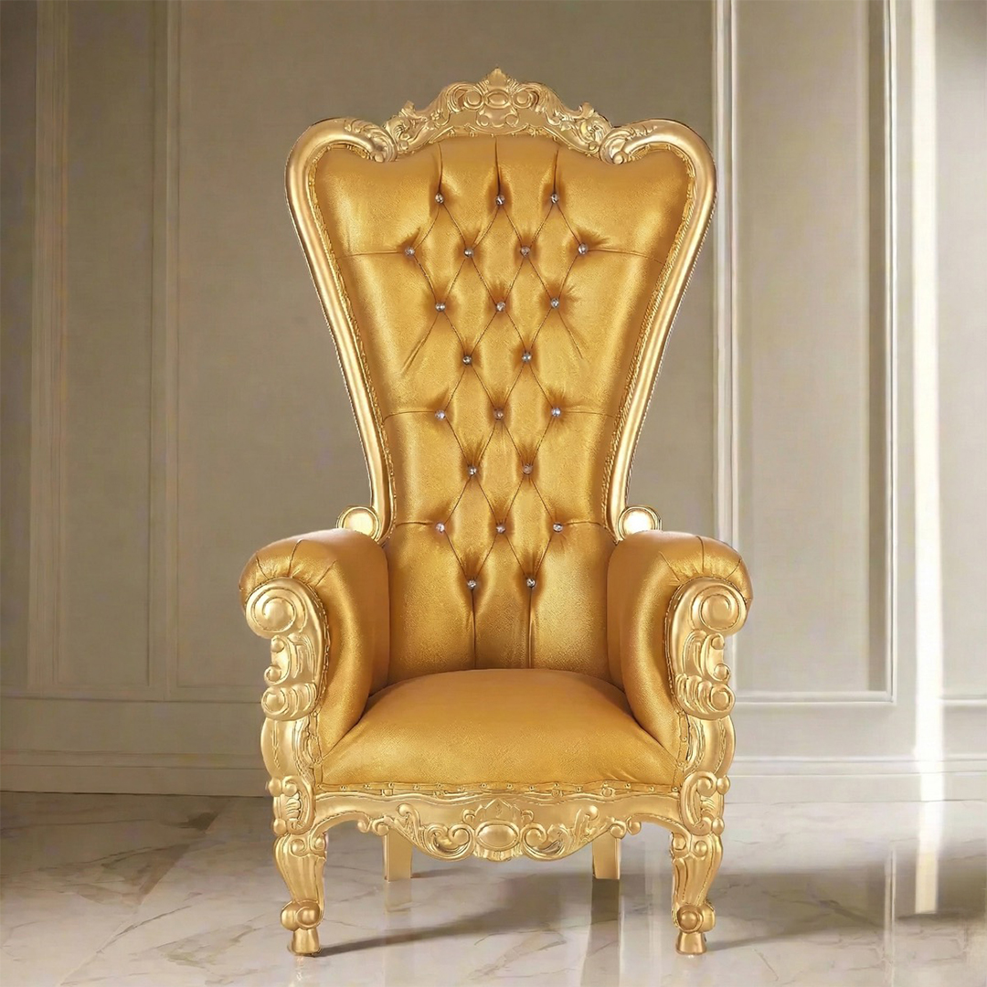 Gold Throne Chair Rental for luxury weddings, VIP photo moments, and regal celebrations