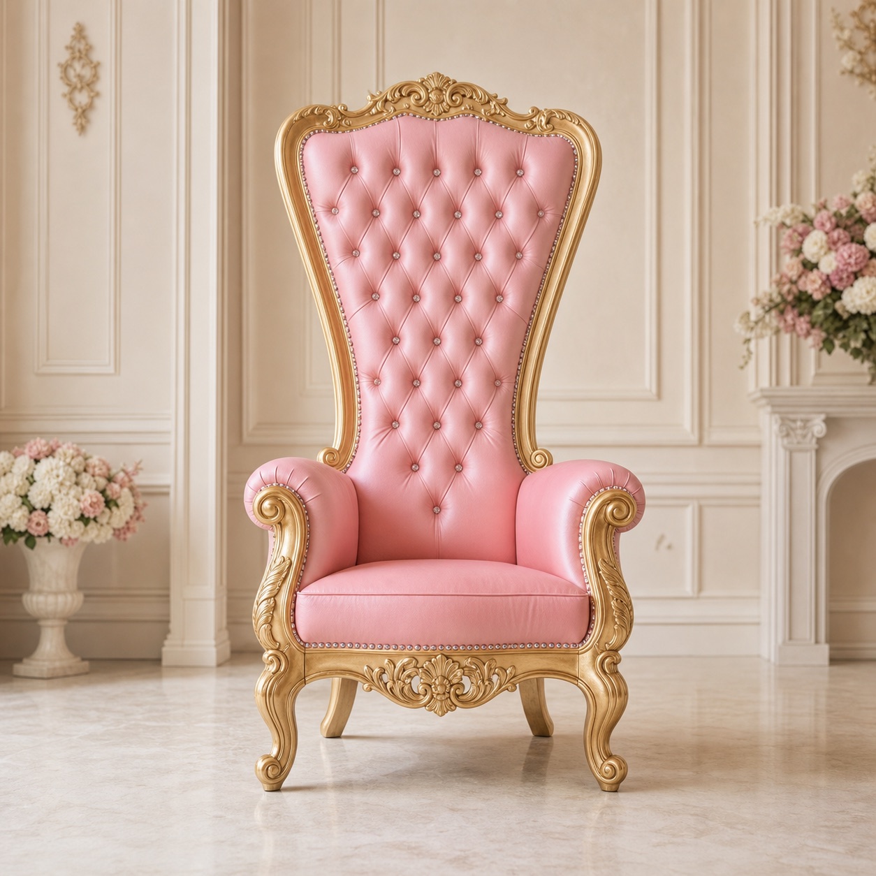 Pink Throne Chair Rental for birthdays, baby showers, prom, sweet sixteen parties, and luxury photo moments