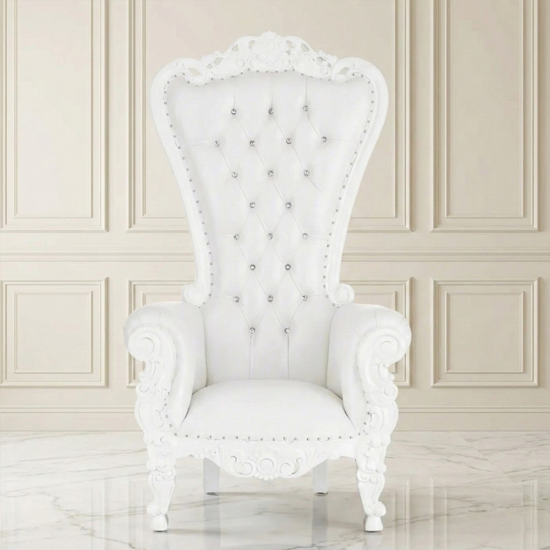 White Throne Chair Rental for weddings, baby showers, and special events with crystal button details